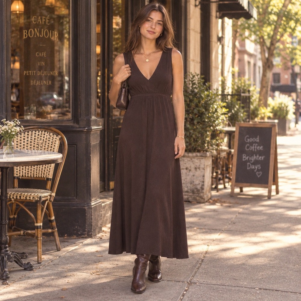Old Navy Brown V Neck Maxi Dress Y2K empire Tie Waist XL dark academia 90's